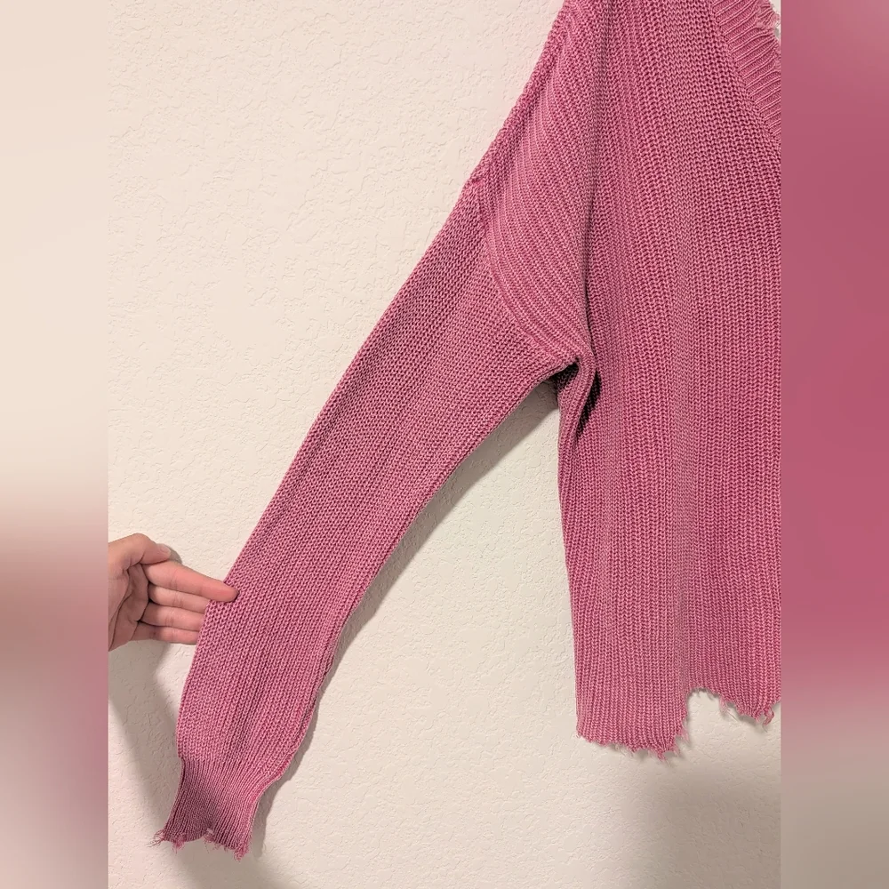 Vici Pink Ribbed 100% Cotton Distressed Frayed Drop Shoulder Slouchy Sweater - Picture 6 of 9